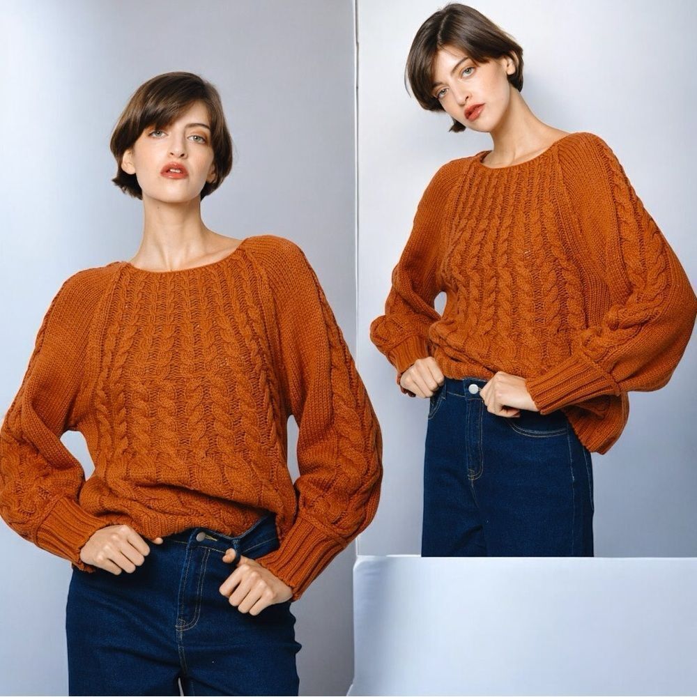 Rust Cable-Knit Round Neck Raglan Sleeve Sweater Large NEW - HYFVE - Picture 5 of 14